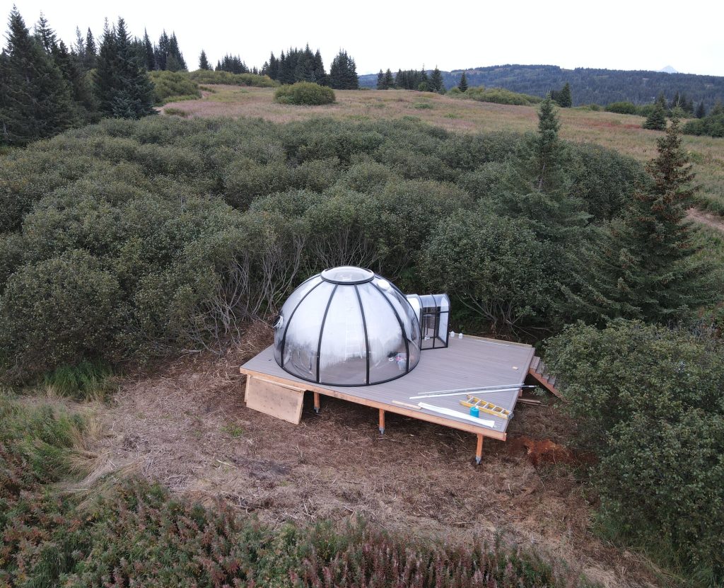 Clear dome structure with surrounding decking in the forest at Twin Rivers