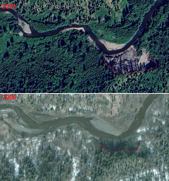 Side by side aerial view of Twin Rivers bank erosion