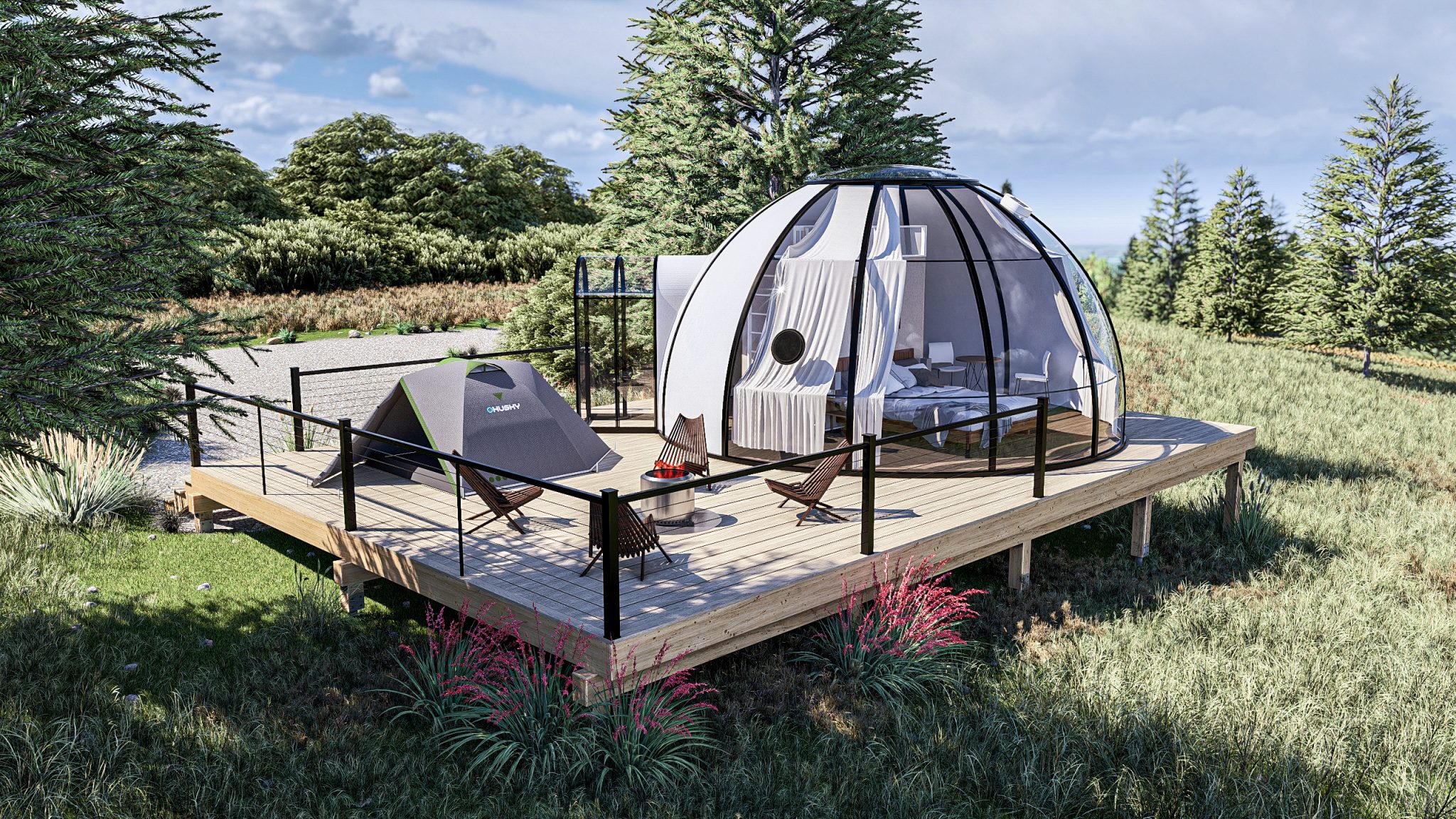 Geodesic glamping dome surrounded by mountains in Alaska