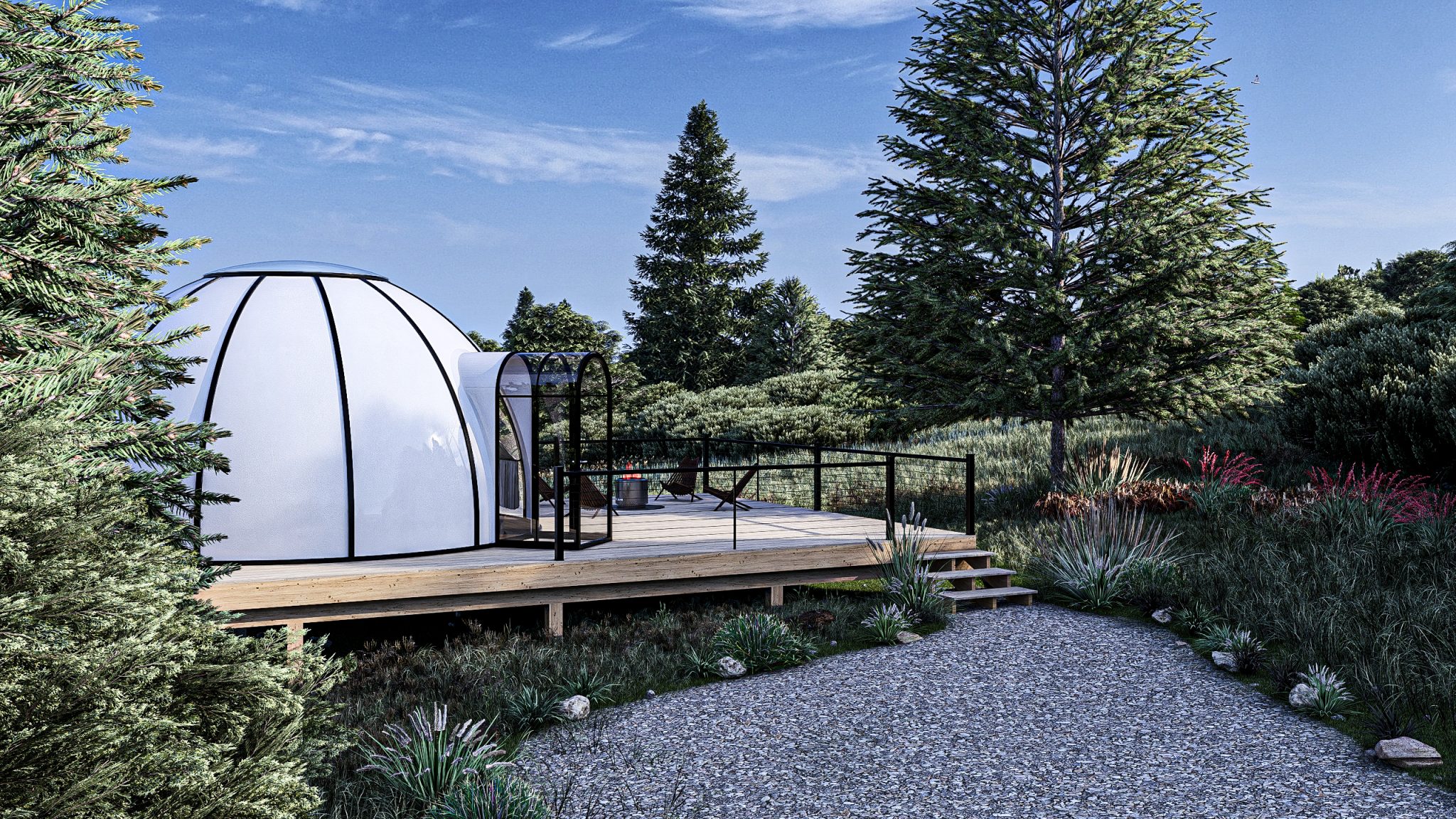 Northern wilderness landscape surrounding Alaska glamping domes